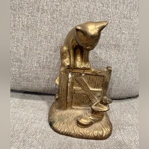 Vintage Brass Cat Figurine Farm Scene Heavy Mid Century Decor